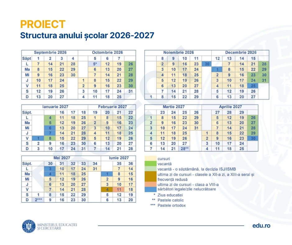 Calendarul anului şcolar 2026-2027